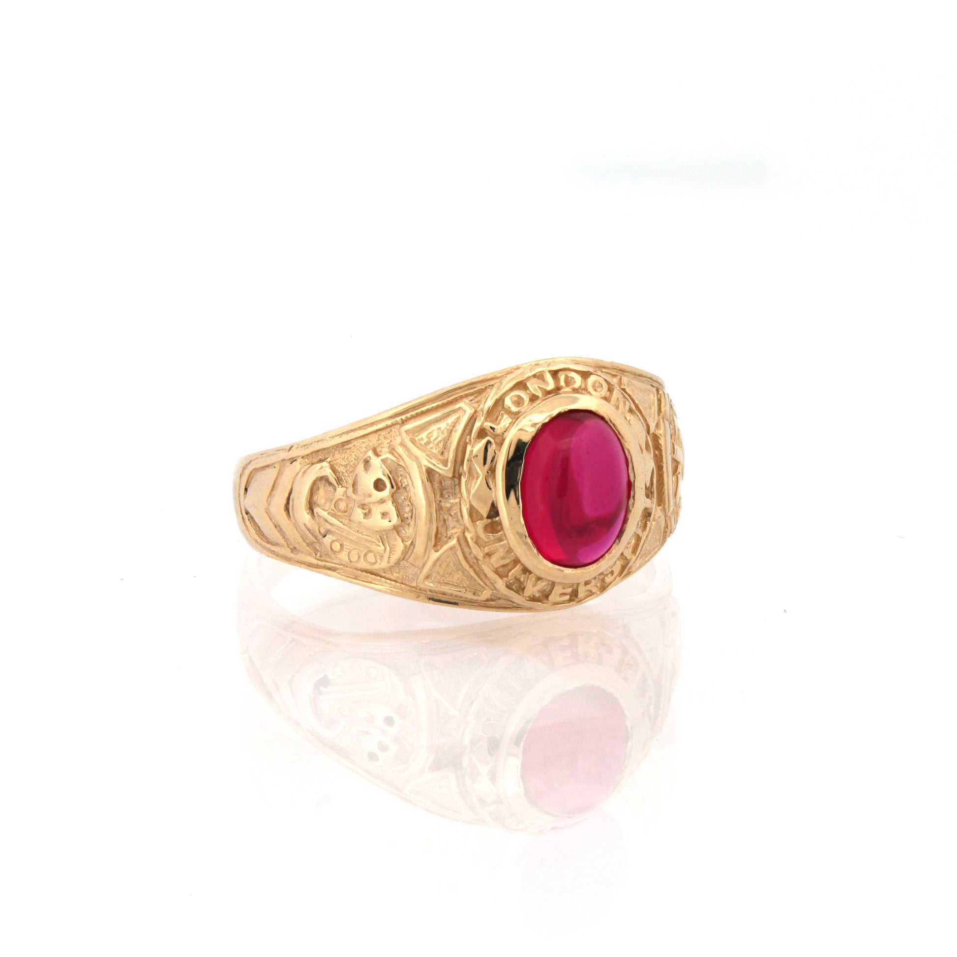 Mens 9ct Gold  Ruby-Red Oval Cabochon CZ University College Ring - JRN341
