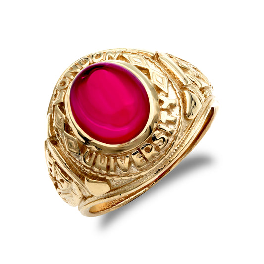 Mens 9ct Gold  Ruby-Red Oval Cabochon CZ University College Ring - JRN342