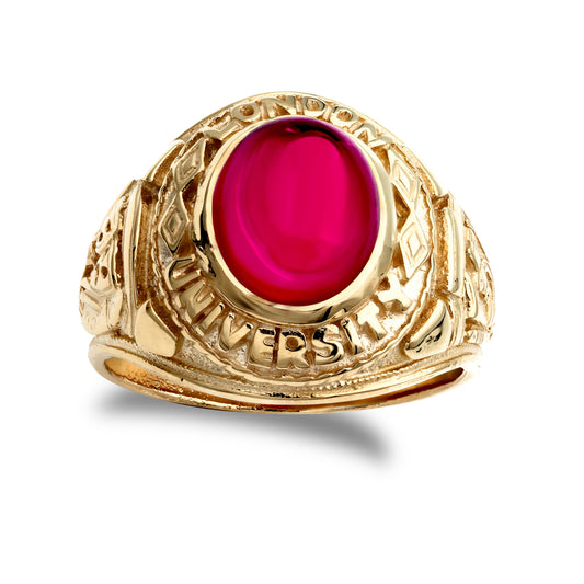 Mens 9ct Gold  Ruby-Red Oval Cabochon CZ University College Ring - JRN342