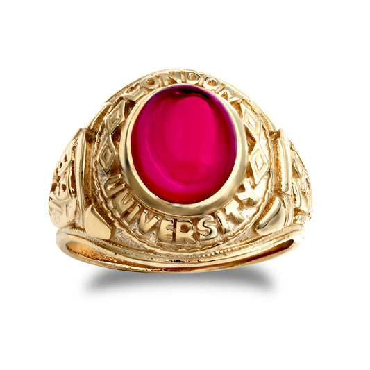 Mens 9ct Gold  Ruby-Red Oval Cabochon CZ University College Ring - JRN342