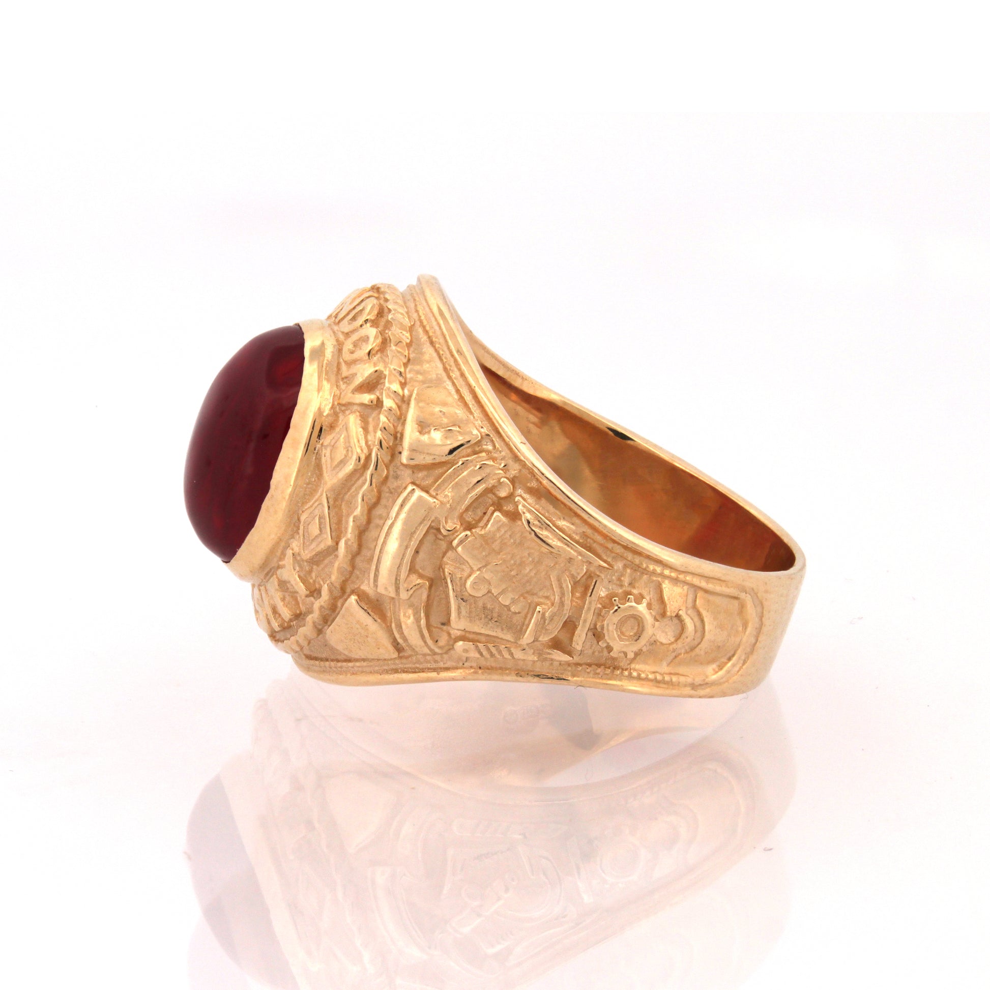 Mens 9ct Gold  Ruby-Red Oval Cabochon CZ University College Ring - JRN342