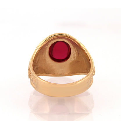Mens 9ct Gold  Ruby-Red Oval Cabochon CZ University College Ring - JRN342