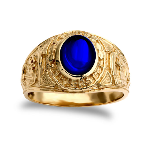 Mens 9ct Gold  Sapphire-Blue Oval CZ University College Ring - JRN345