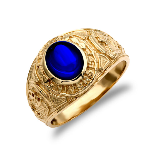 Mens 9ct Gold  Sapphire-Blue Oval CZ University College Ring - JRN345