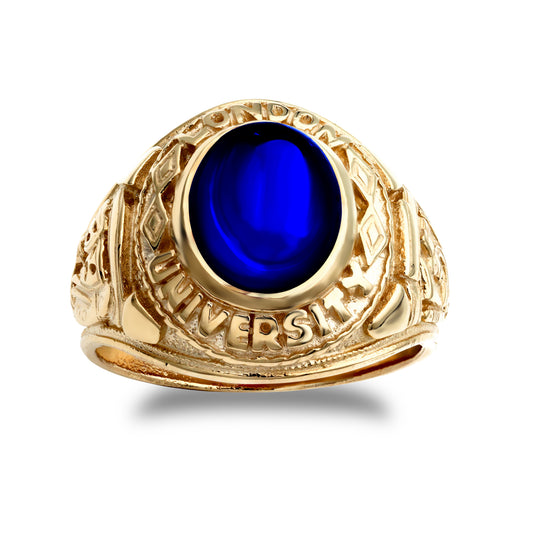 Mens 9ct Gold  Sapphire-Blue Oval CZ University College Ring - JRN346