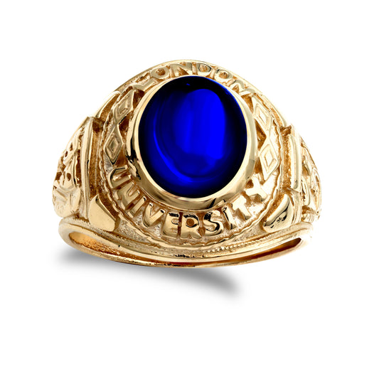 Mens 9ct Gold  Sapphire-Blue Oval CZ University College Ring - JRN346