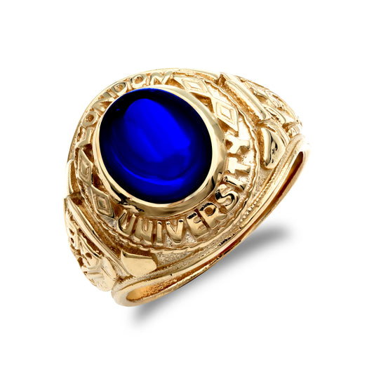 Mens 9ct Gold  Sapphire-Blue Oval CZ University College Ring - JRN346