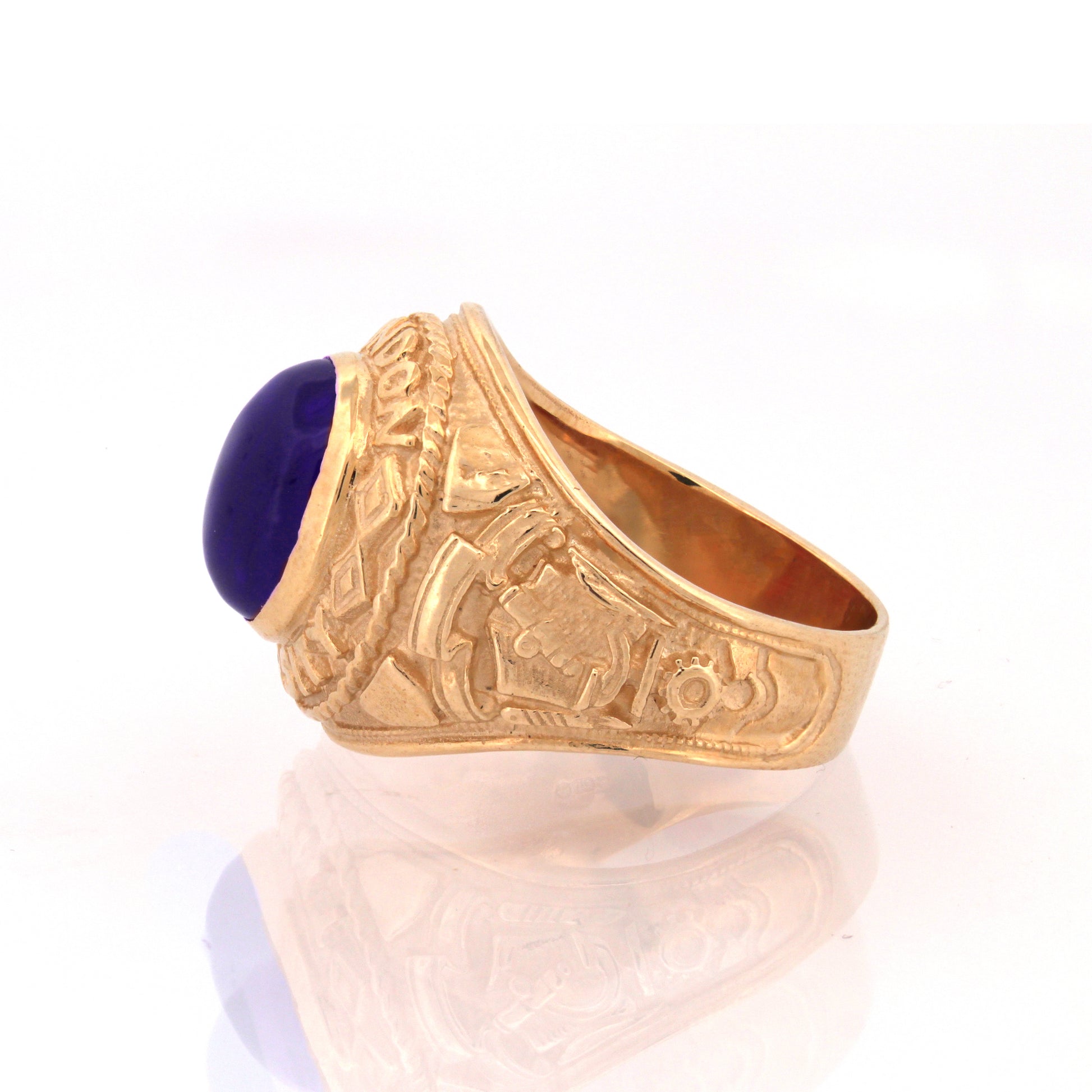 Gold-Plated Silver  Blue Oval Cabochon CZ London College Ring - ARN171-GP