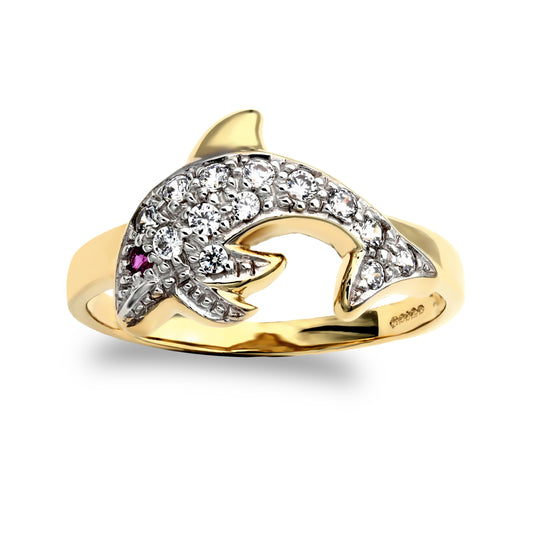 9ct Gold  Red and White CZ Pave Dolphin Ring - JRN348