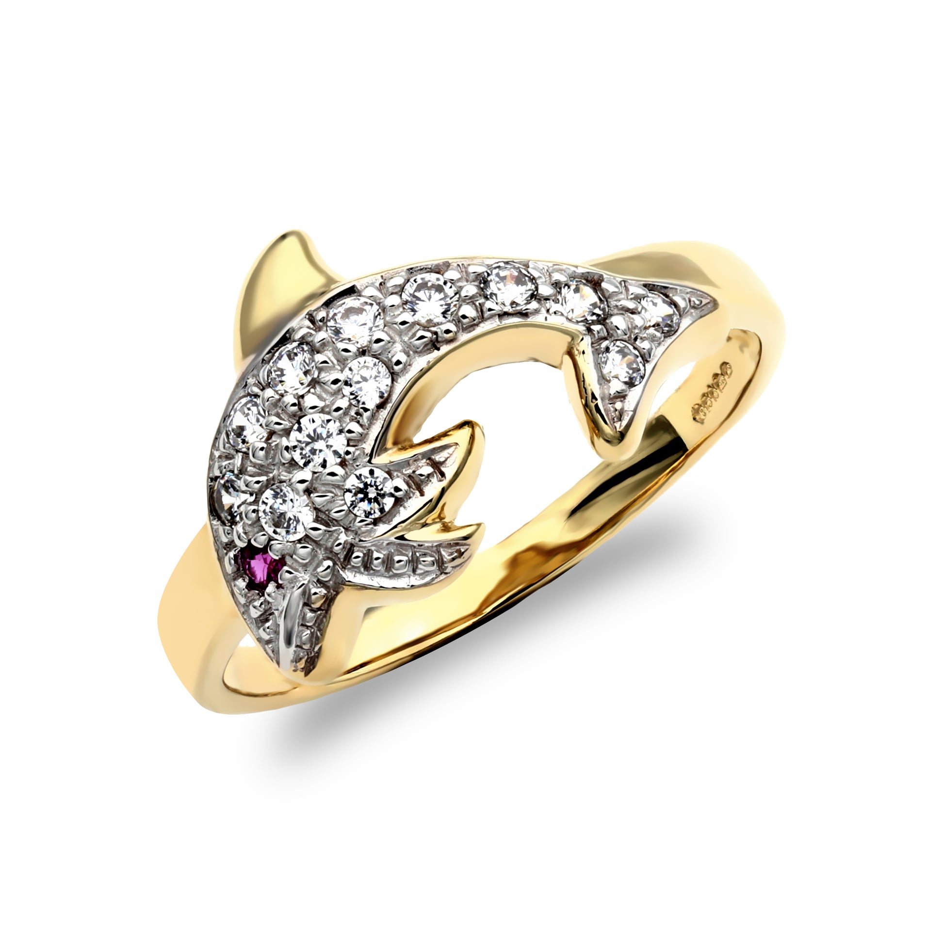 9ct Gold  Red and White CZ Pave Dolphin Ring - JRN348