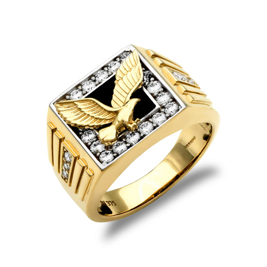 Mens 9ct 2-Colour Gold  Black Onyx CZ Pave Eagle Signet Ring - JRN431