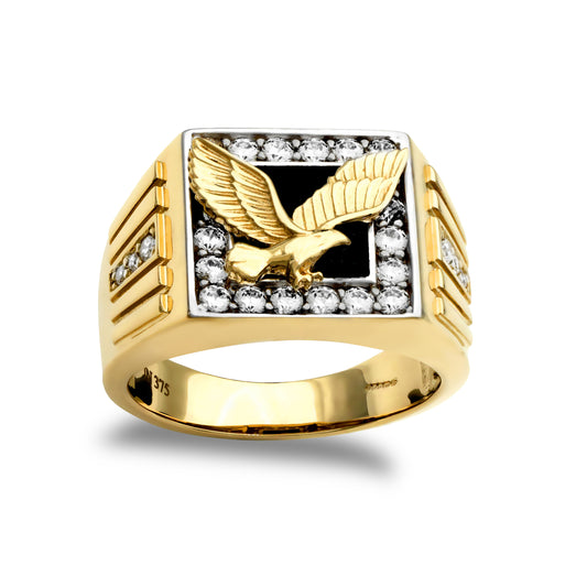 Mens 9ct 2-Colour Gold  Black Onyx CZ Pave Eagle Signet Ring - JRN431