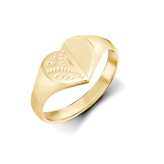Ladies Solid 9ct Gold  Diamond Cut Love Heart Signet Ring - JRN459