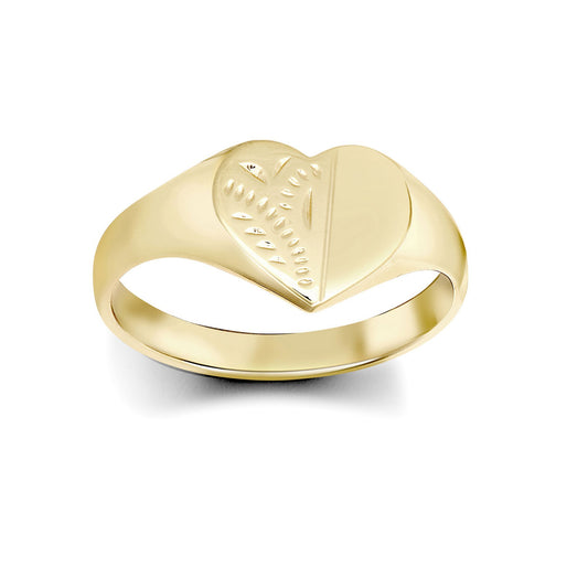 Ladies Solid 9ct Gold Diamond Cut Love Heart Signet Ring - JRN459