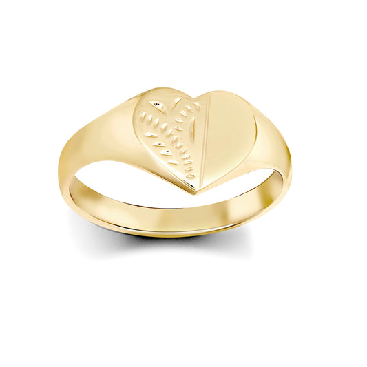 Ladies Solid 9ct Gold  Diamond Cut Love Heart Signet Ring - JRN459