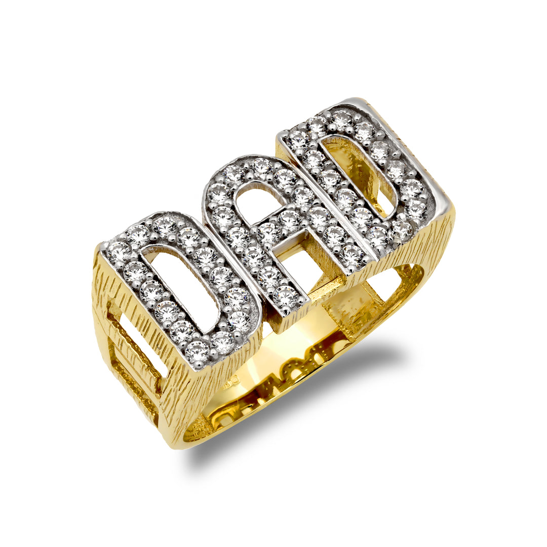 Mens 9ct Gold  CZ Curb Link Sides DAD Ring - JRN502