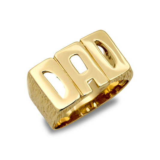 Mens Solid 9ct Gold  Barked Sides DAD Ring - JRN503