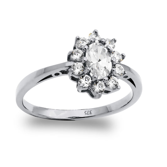 9ct White Gold  CZ Oval Cluster Engagement Ring - JRN517