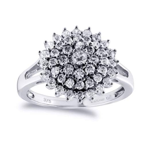 9ct White Gold  CZ 4 Row Circle Cluster Cocktail Ring - JRN522