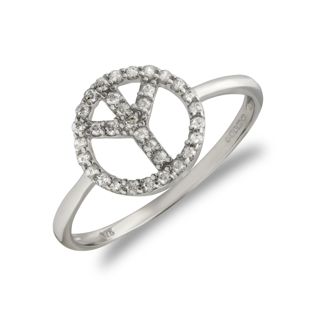 9ct White Gold  CZ Peace Symbol Pave Ring - JRN529