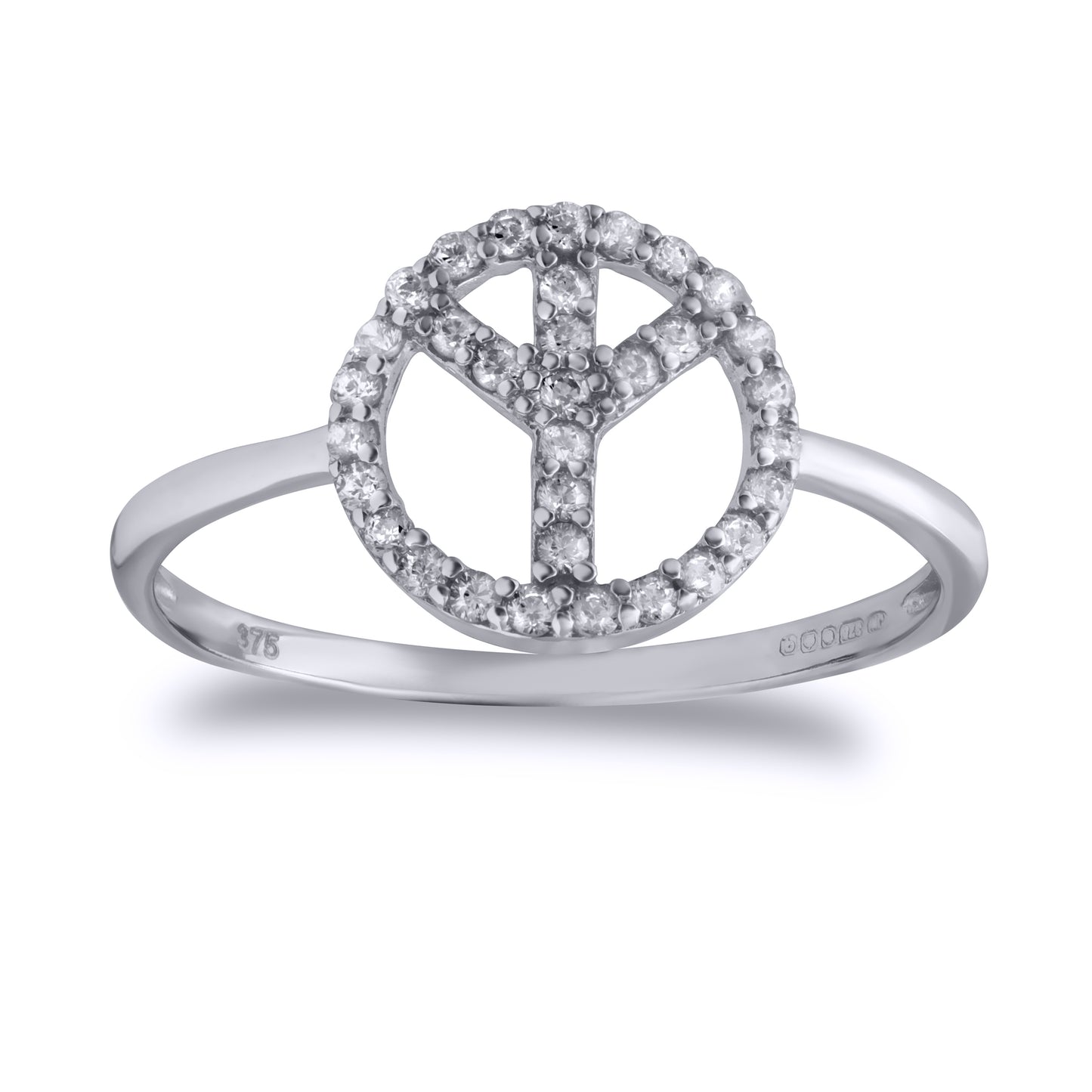 9ct White Gold  CZ Peace Symbol Pave Ring - JRN529