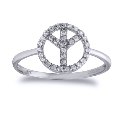 9ct White Gold  CZ Peace Symbol Pave Ring - JRN529