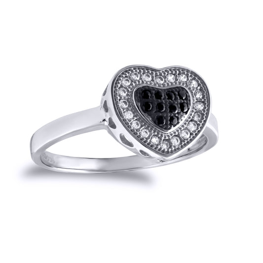 9ct White Gold  Black and White CZ Love Pave Ring - JRN531