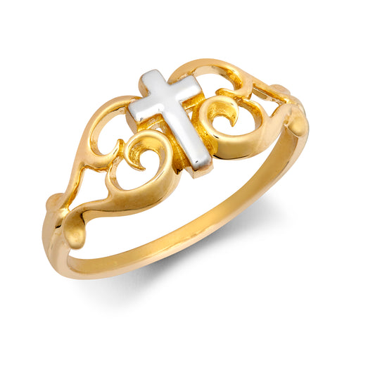 9ct 2-Colour Gold  Rococo C-Scroll Celtic Cross 9mm Religious Ring - JRN553