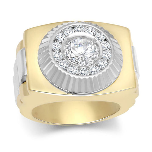 Mens 9ct 2-Colour Gold  CZ Fluted Bezel Watch Strap Cluster Ring - JRN570