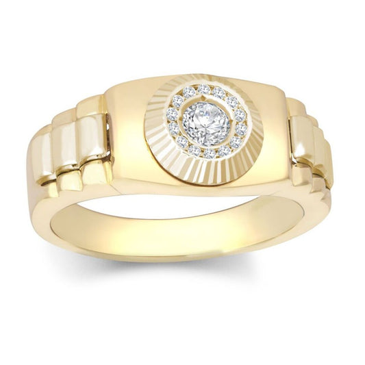 9ct Gold  CZ Fluted Bezel Watch Strap Cluster Solitaire Ring - JRN572