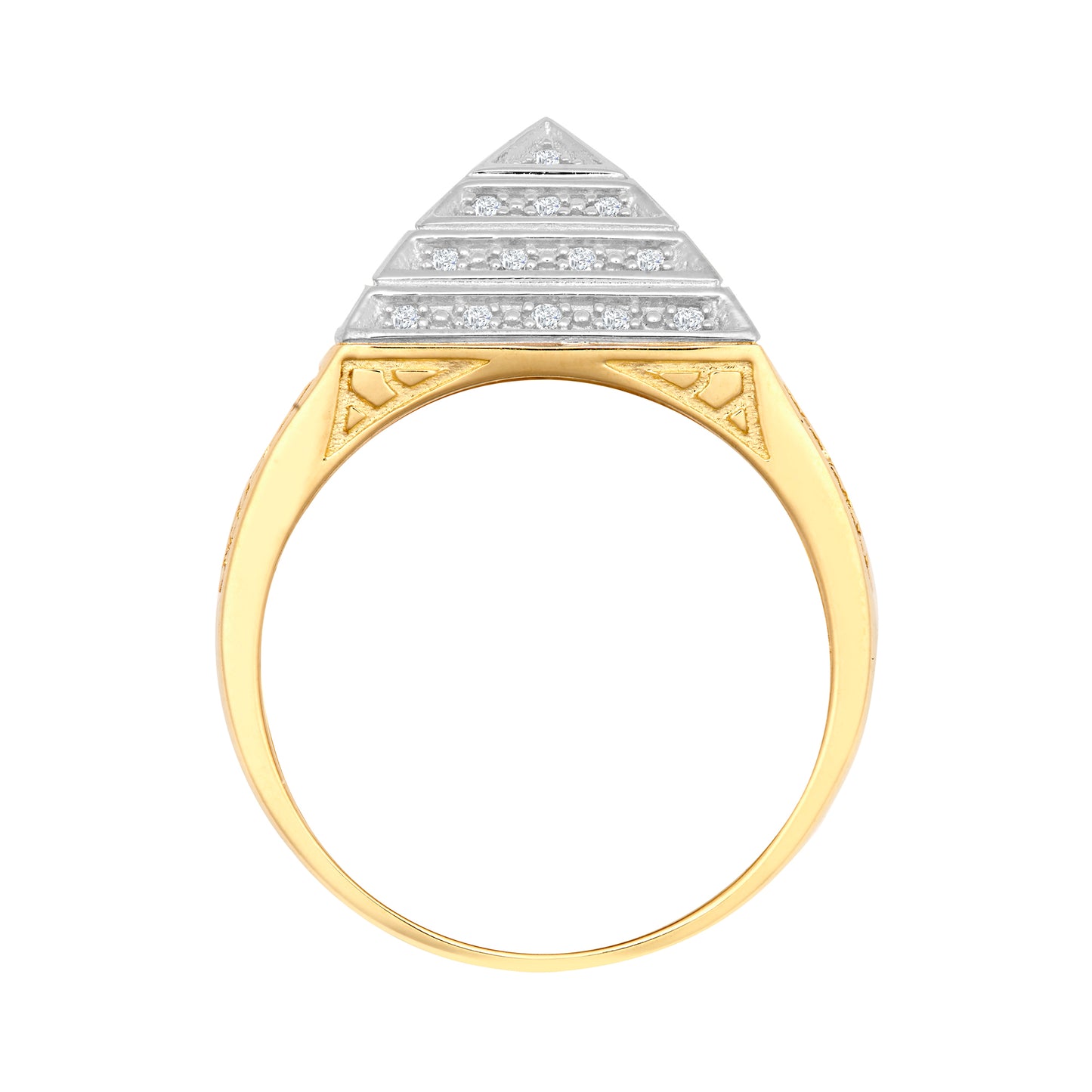 9ct 2-Colour Gold  CZ Egyptian Pyramid 1/4oz 15mm Signet Ring - JRN578