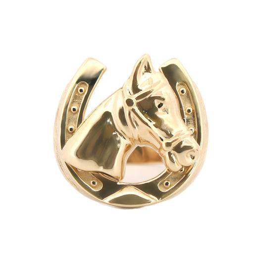 Men's Solid 9ct Yellow Gold Tree Barked Horse Head Horseshoe Ring - JRN592