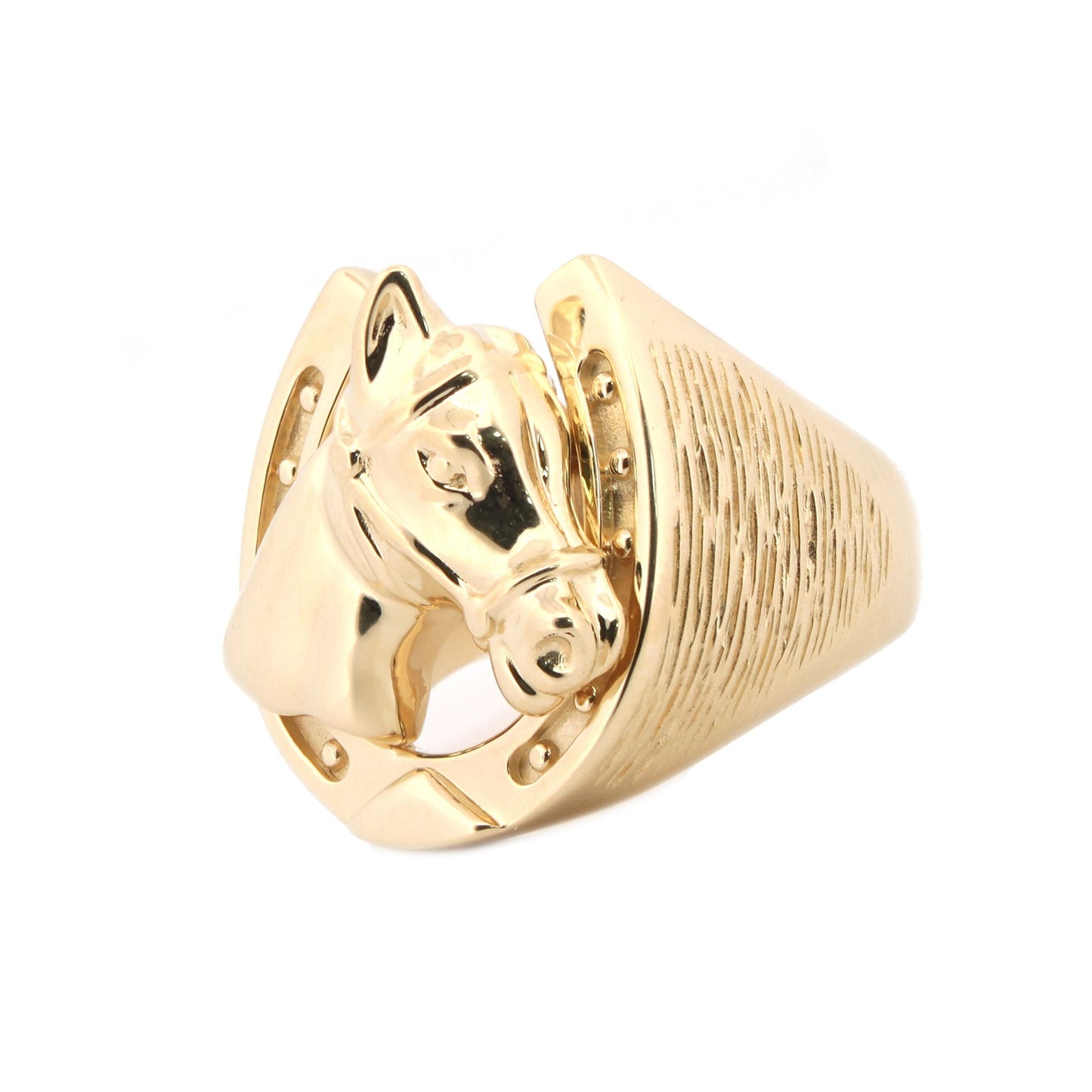 Men's Solid 9ct Yellow Gold Tree Barked Horse Head Horseshoe Ring - JRN592