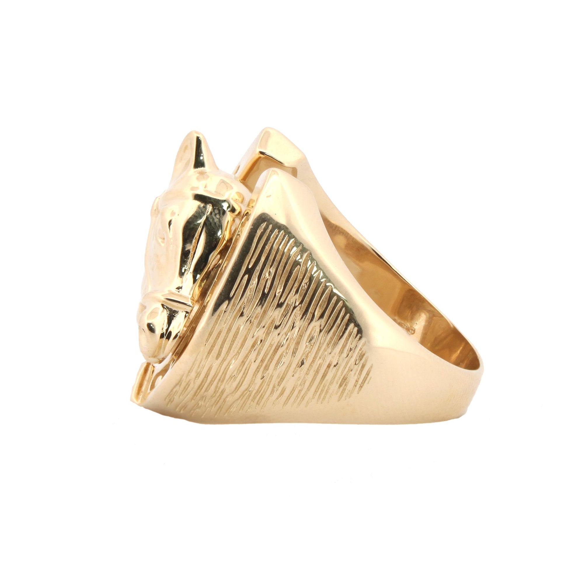 Men's Solid 9ct Yellow Gold Tree Barked Horse Head Horseshoe Ring - JRN592
