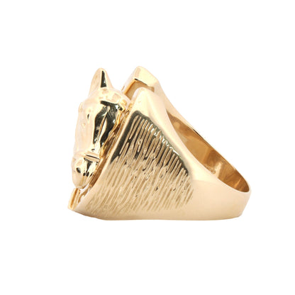 Men's Solid 9ct Yellow Gold Tree Barked Horse Head Horseshoe Ring - JRN592