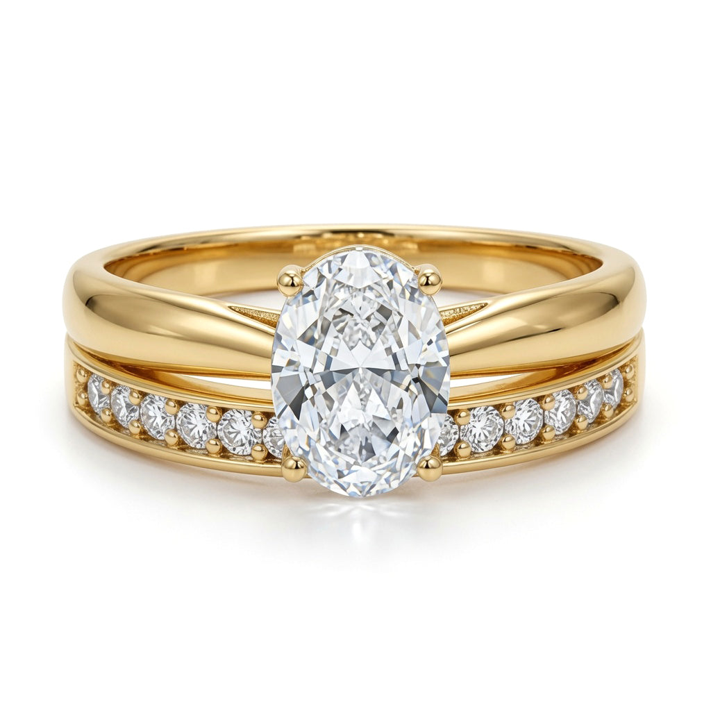 9ct Gold  Oval CZ Solitaire Eternity Travel Bridal Rings Set - JRN595+609