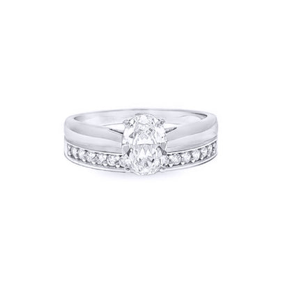 9ct White Gold  Oval CZ Solitaire Eternity Travel Bridal Rings Set - JRN596+610