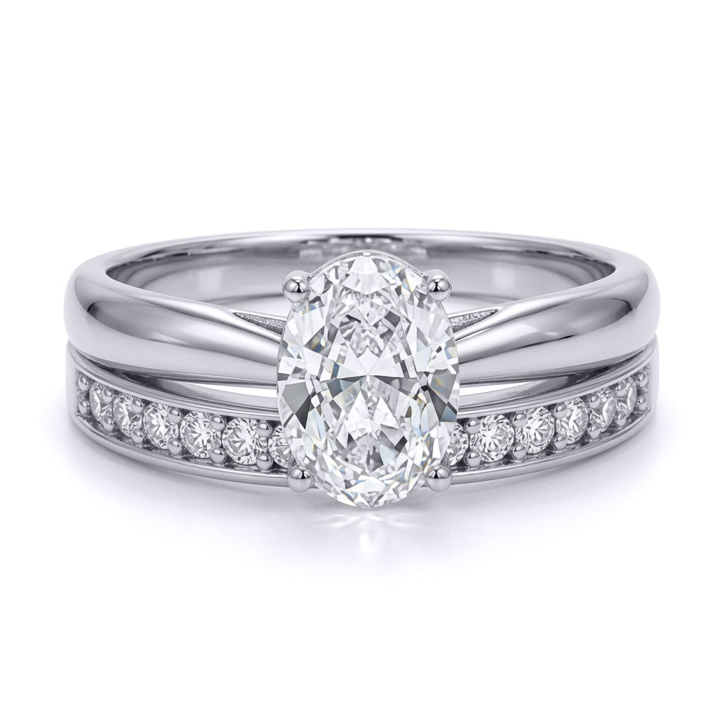 9ct White Gold  Oval CZ Solitaire Eternity Travel Bridal Rings Set - JRN596+610