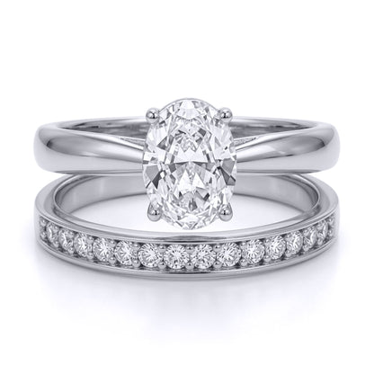 9ct White Gold  Oval CZ Solitaire Eternity Travel Bridal Rings Set - JRN596+610