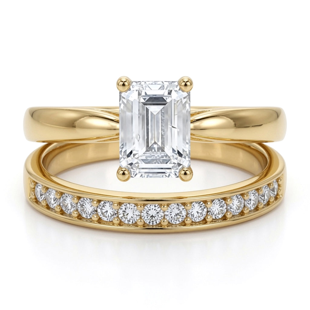 9ct Gold  Emerald CZ Solitaire Eternity Travel Bridal Rings Set - JRN597+609