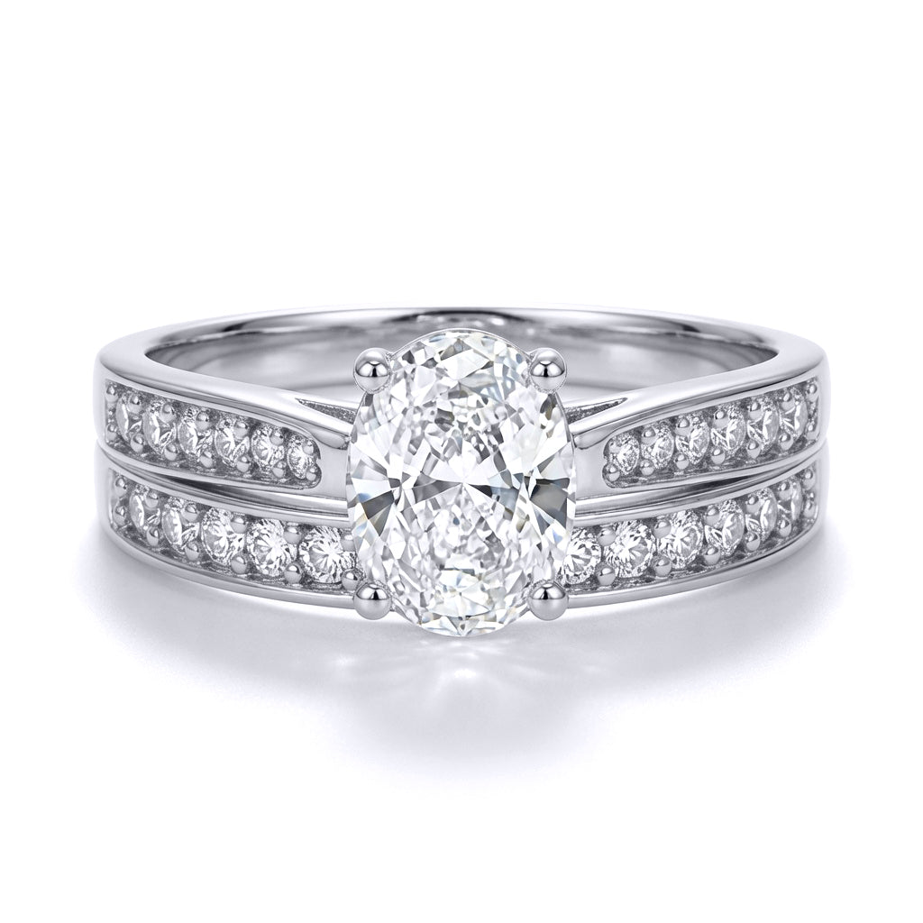 9ct White Gold  Oval CZ Engagement Eternity Travel Bridal Ring Set - JRN600+610
