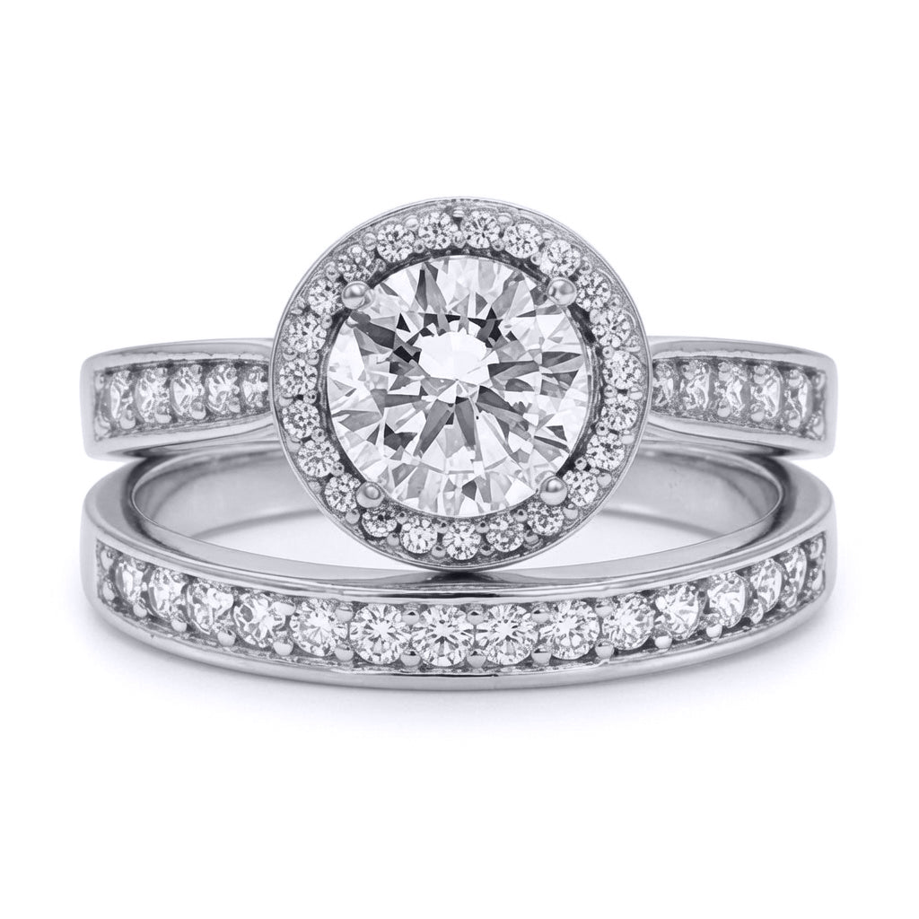 9ct White Gold  CZ Wedfit Halo Eternity Travel Bridal Rings Set - JRN604+610