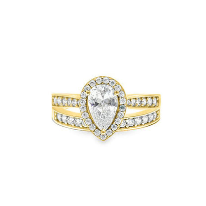 9ct Gold  Pear CZ Wed-fit Halo Eternity Travel Bridal Rings Set - JRN605+609