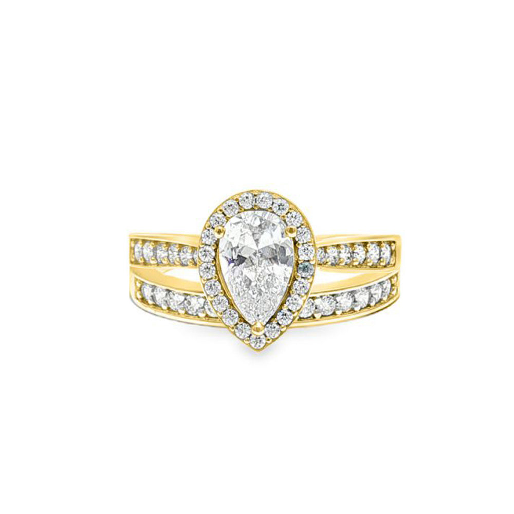 9ct Gold  Pear CZ Wed-fit Halo Eternity Travel Bridal Rings Set - JRN605+609