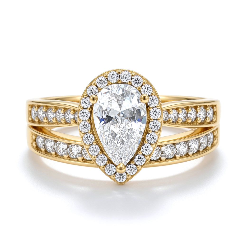 9ct Gold  Pear CZ Wedfit Halo Eternity Travel Bridal Rings Set - JRN605+609