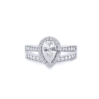 9ct White Gold  Pear CZ Halo Eternity Travel Bridal Rings Set - JRN606+610