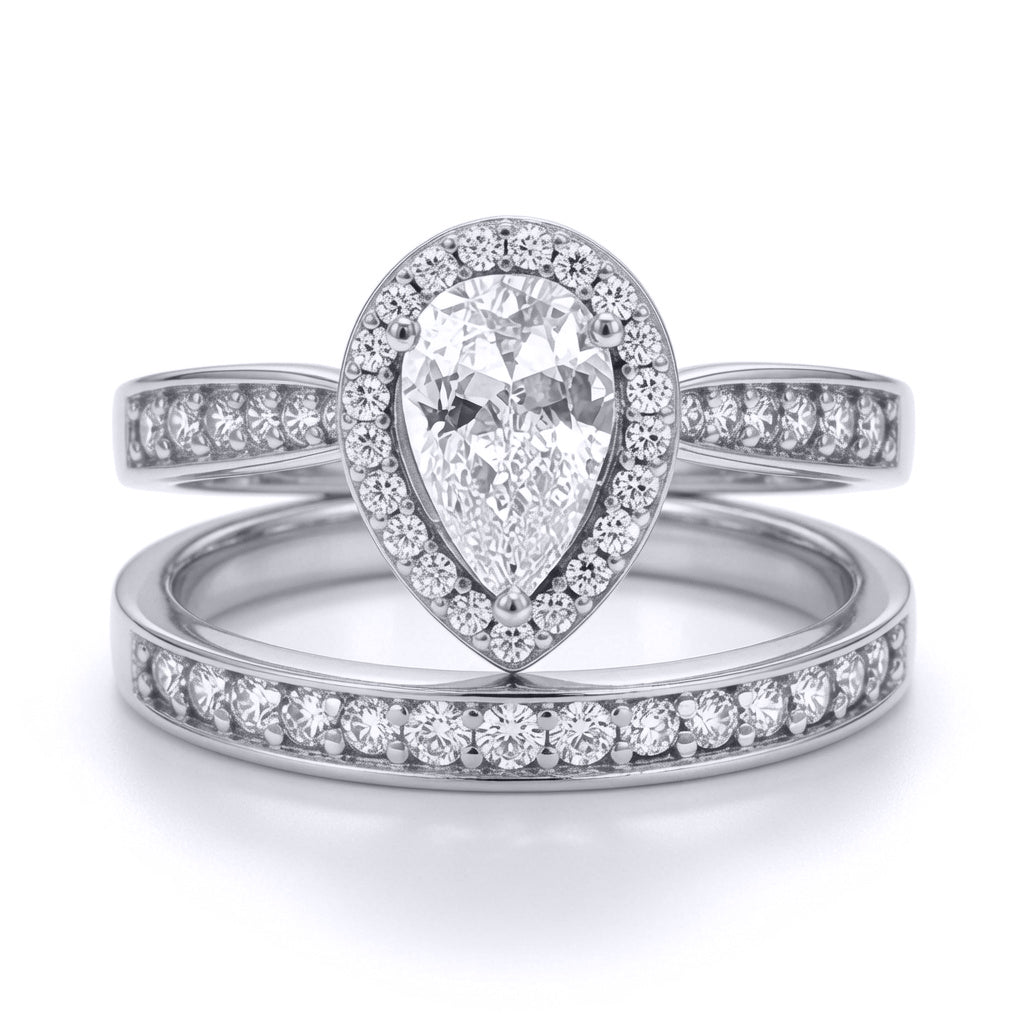 9ct White Gold  Pear CZ Halo Eternity Travel Bridal Rings Set - JRN606+610