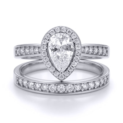 9ct White Gold  Pear CZ Halo Eternity Travel Bridal Rings Set - JRN606+610