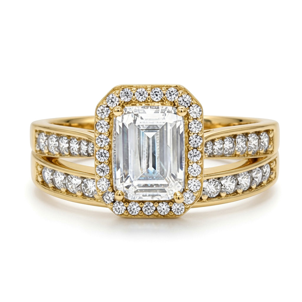 9ct Gold  Emerald CZ Wedfit Halo Eternity Travel Bridal Rings Set - JRN607+609
