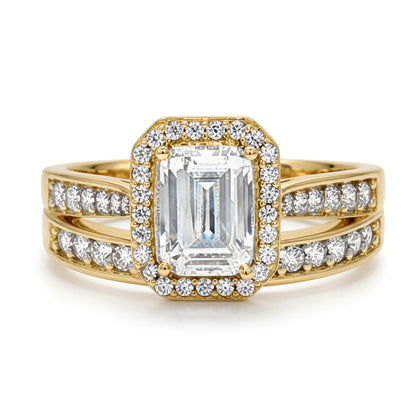 9ct Gold  Emerald CZ Wedfit Halo Eternity Travel Bridal Rings Set - JRN607+609